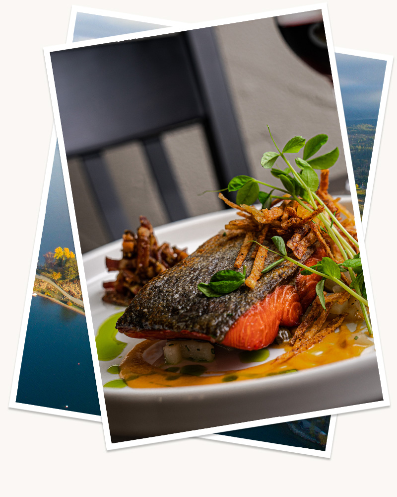 Two digitally stacked images, the top, visible image, showing a cooked salmon fillet, laying on a bed of puree, topped with crispy vegetables and sprigs of basil. 