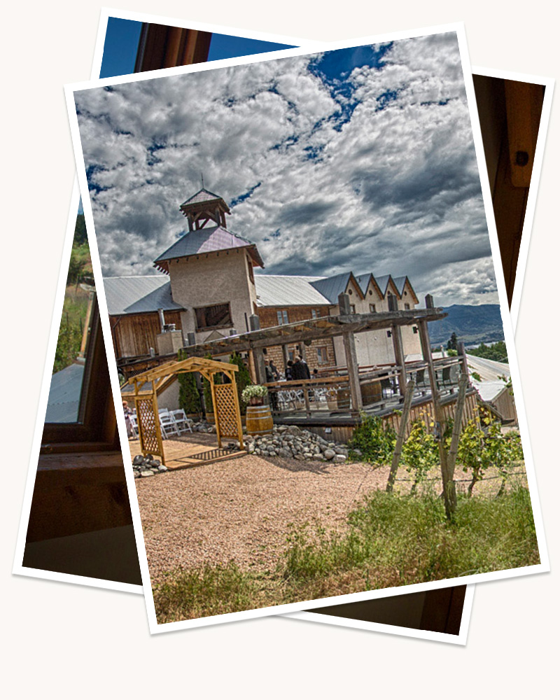 Two digitally stacked images, the top, visible image showing the entrance to the Hillside Winery and Bistro - with a wooden arch and rooftop patio the focal point. 