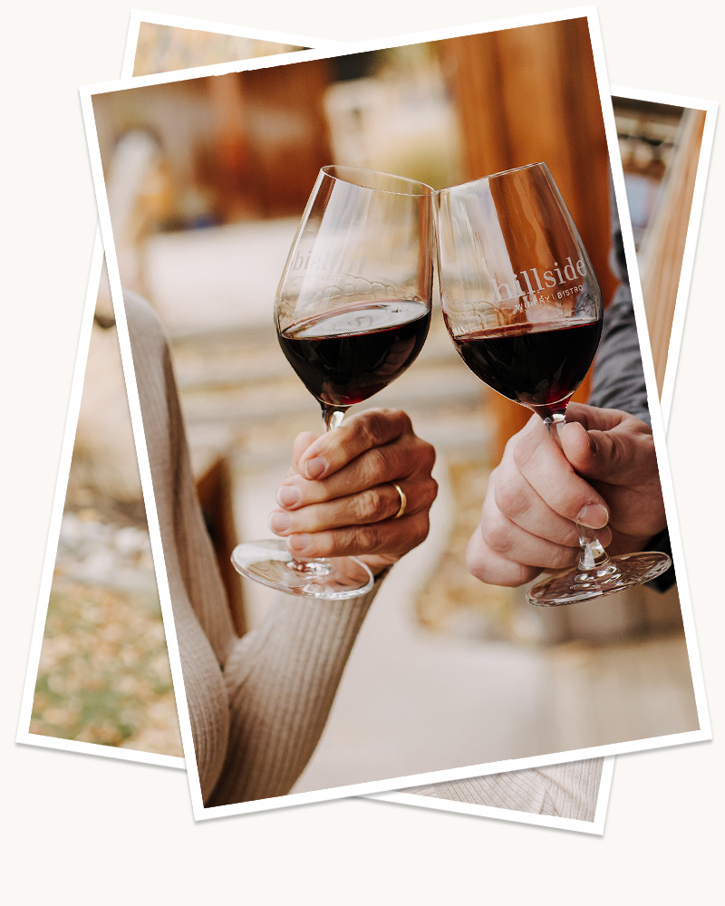 A close up of two people, a man and a woman, clink Hillside Winery wine glasses together.  