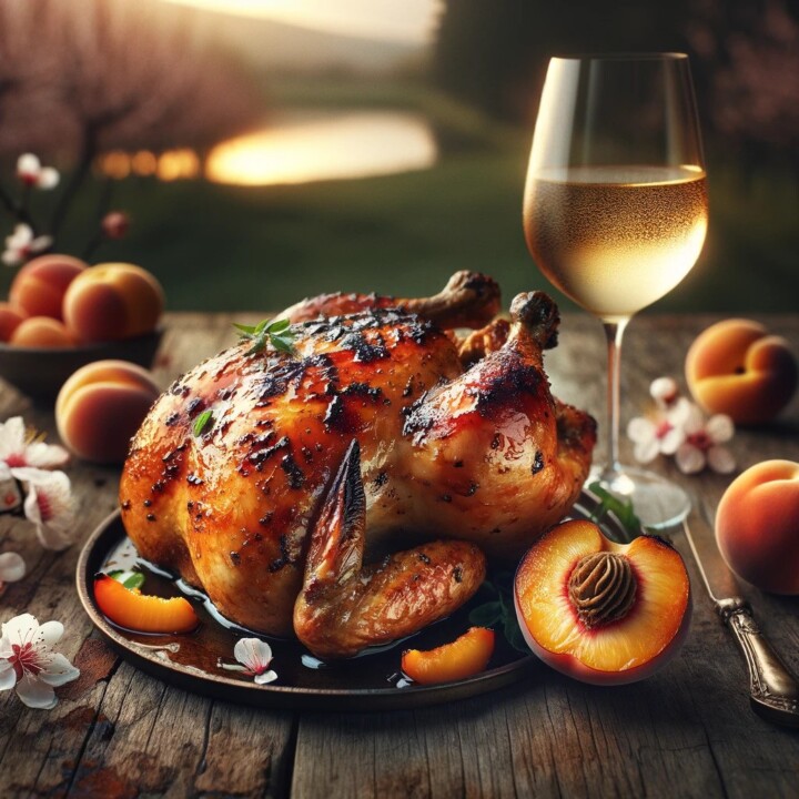 a beautifully roasted whole chicken glazed with a shiny peach and honey mixture