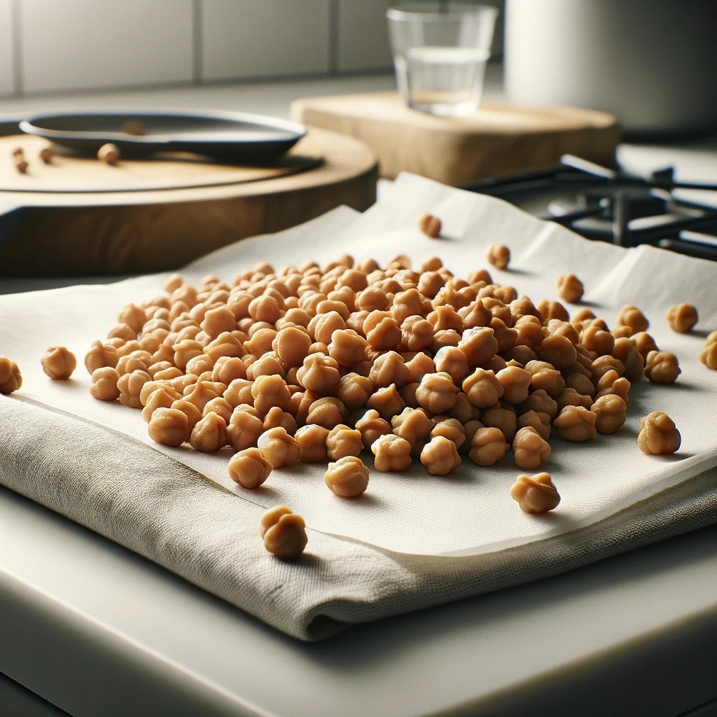 chickpeas drying on a paper towel